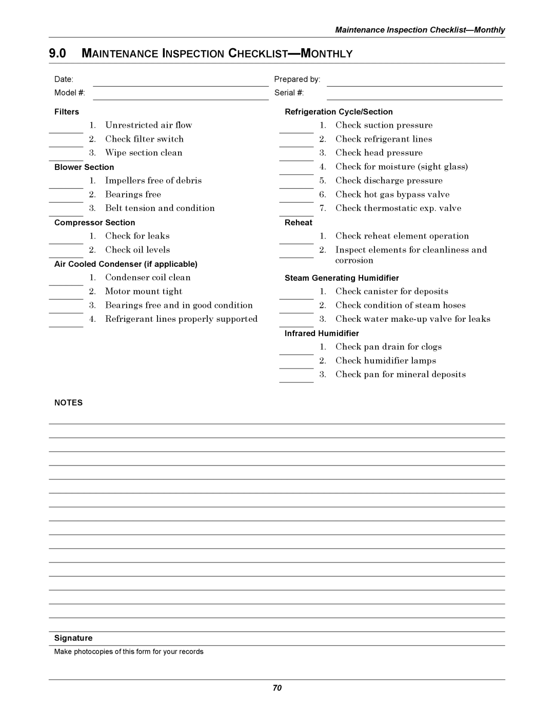 Emerson VE, VH, DE, DH manual Maintenance Inspection CHECKLIST-MONTHLY 