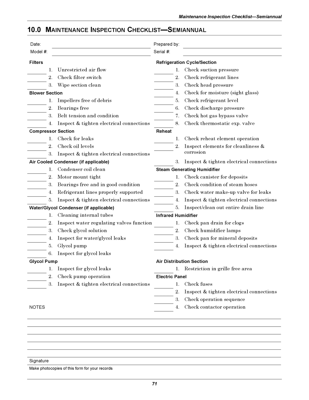 Emerson DH, VH, DE, VE manual Maintenance Inspection CHECKLIST-SEMIANNUAL 