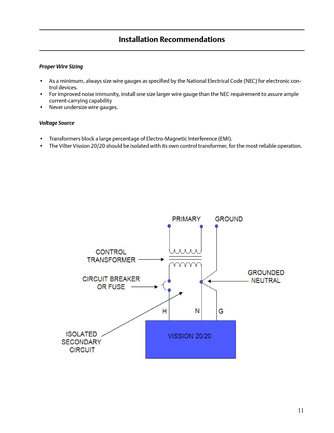 Emerson VISSION 20/20 service manual Proper Wire Sizing, Voltage Source 