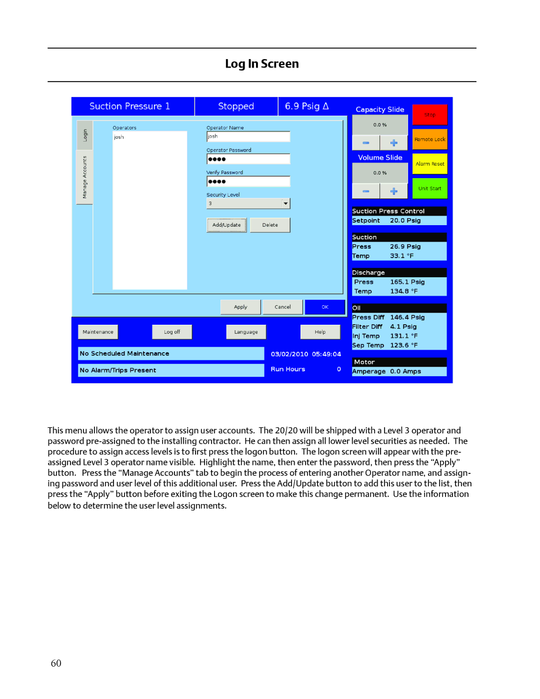 Emerson VISSION 20/20 service manual Log In Screen 