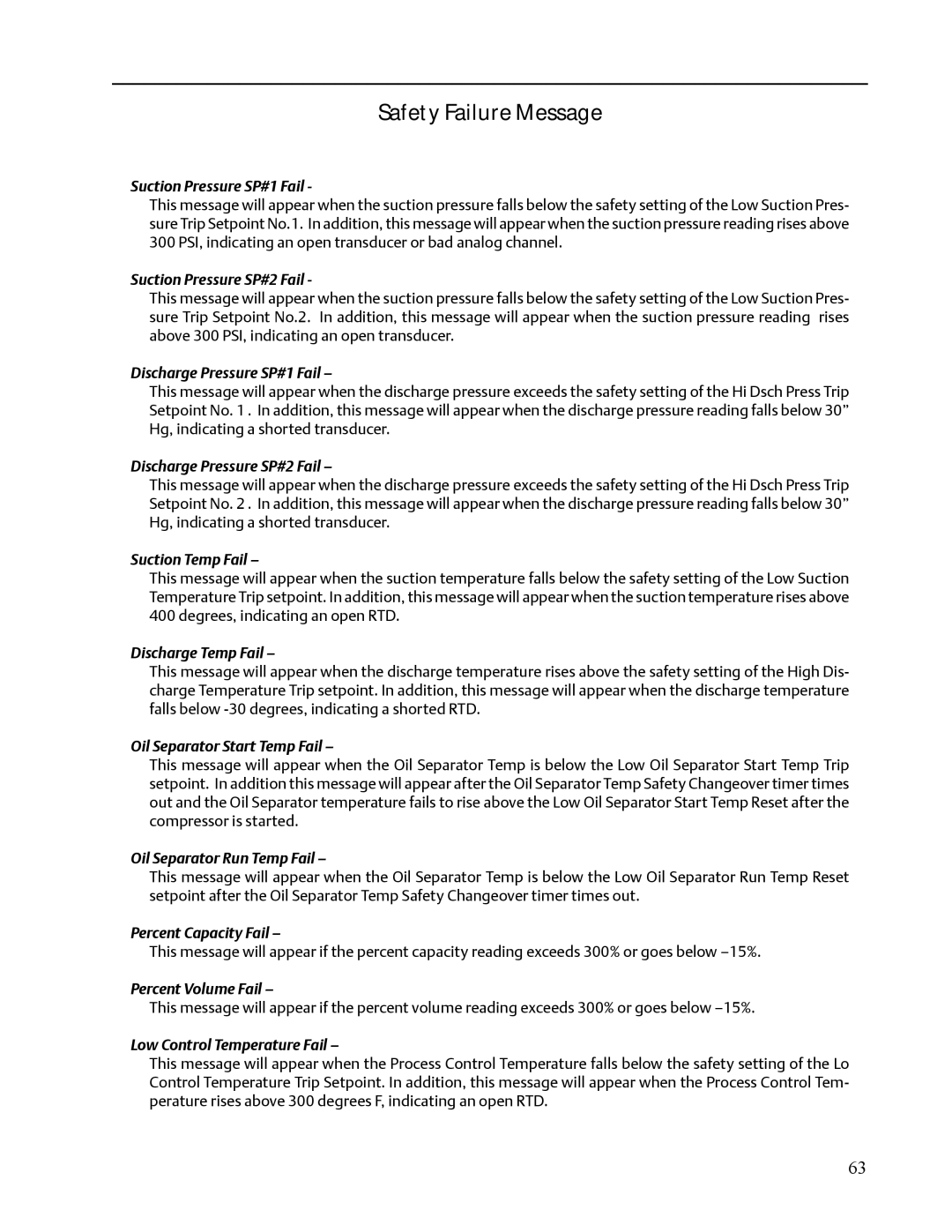 Emerson VISSION 20/20 service manual Suction Pressure SP#1 Fail, Suction Pressure SP#2 Fail, Discharge Pressure SP#1 Fail 