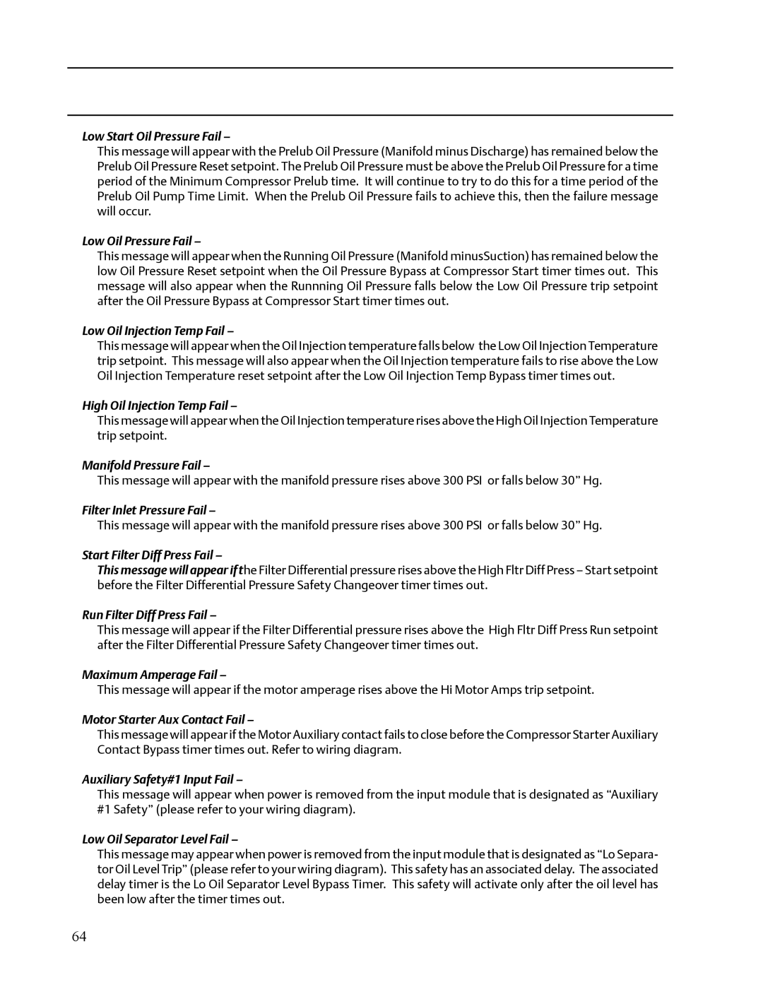 Emerson VISSION 20/20 service manual Low Start Oil Pressure Fail, Low Oil Pressure Fail, Low Oil Injection Temp Fail 