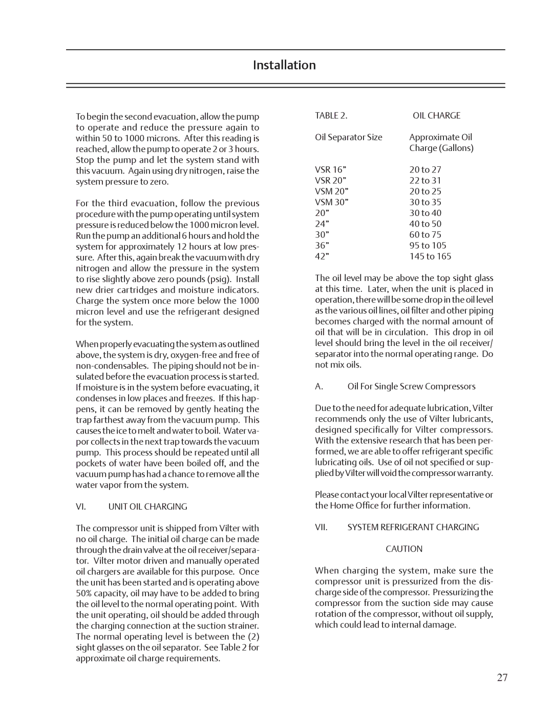 Emerson VSR, VSM, VSS service manual OIL Charge, Vii 