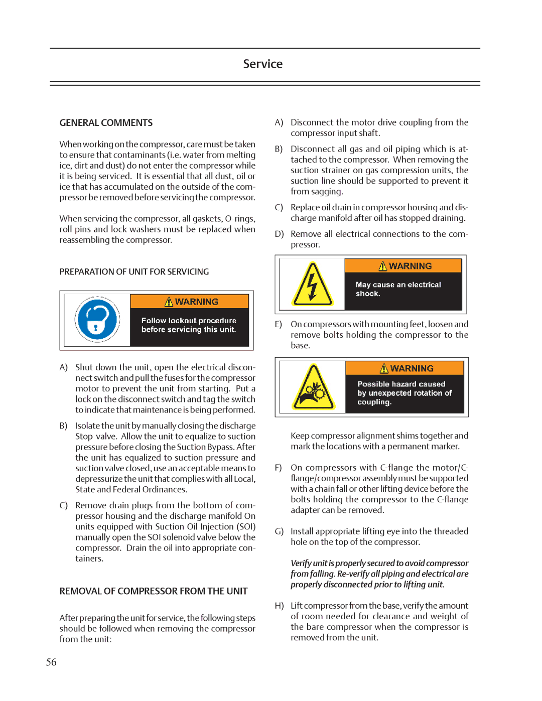 Emerson VSS, VSR, VSM Service, General Comments, Removal of Compressor from the Unit, Preparation of Unit for Servicing 