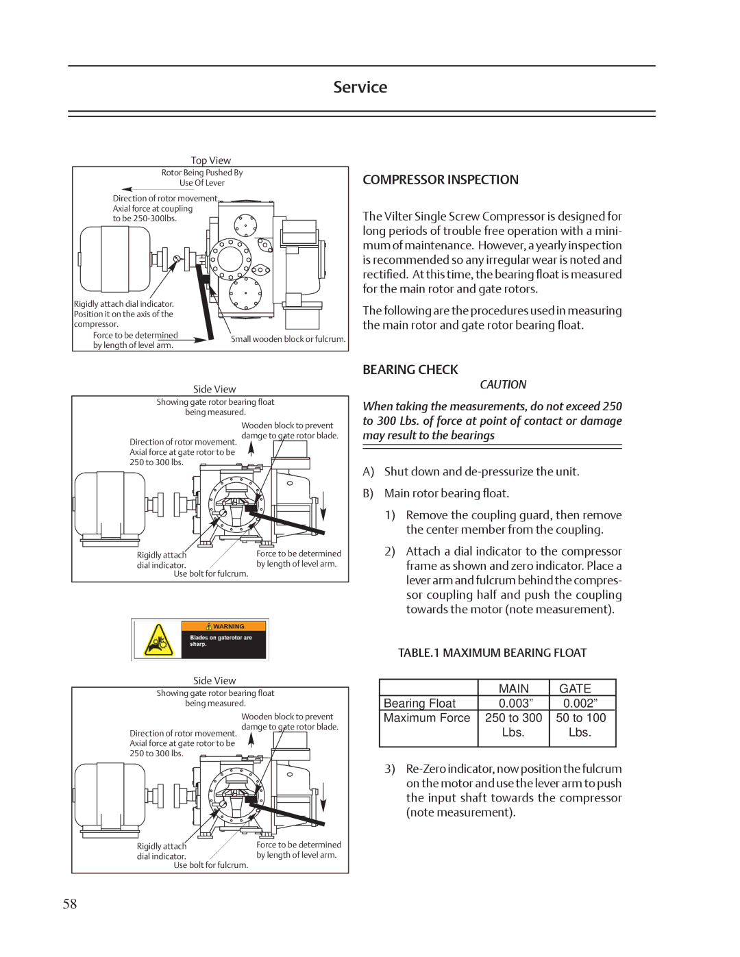 Emerson VSM, VSR, VSS service manual Compressor Inspection, Bearing Check, TABLE.1 Maximum Bearing Float Main Gate 