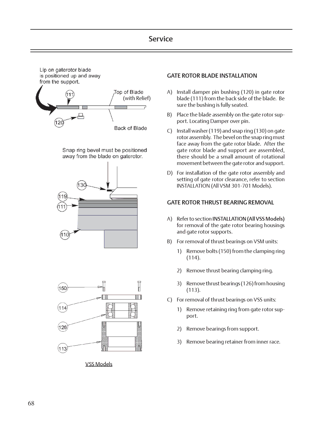 Emerson VSS, VSR, VSM service manual Gate Rotor Blade Installation, Gate Rotor Thrust Bearing Removal 