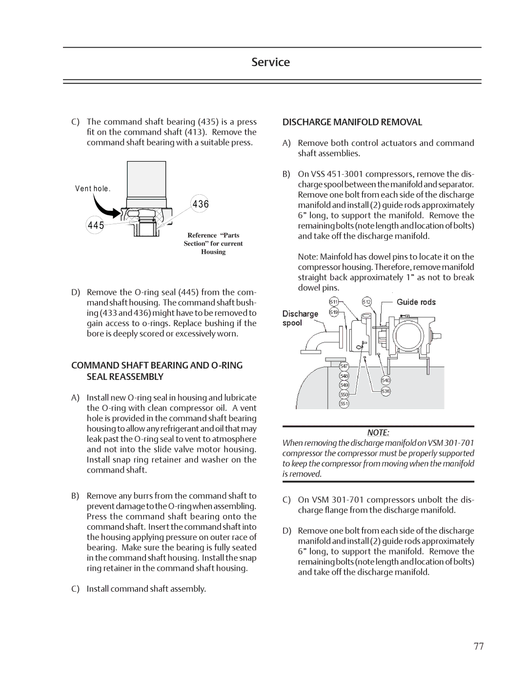 Emerson VSS, VSR, VSM service manual Command Shaft Bearing and O-RING Seal Reassembly, Discharge Manifold Removal 