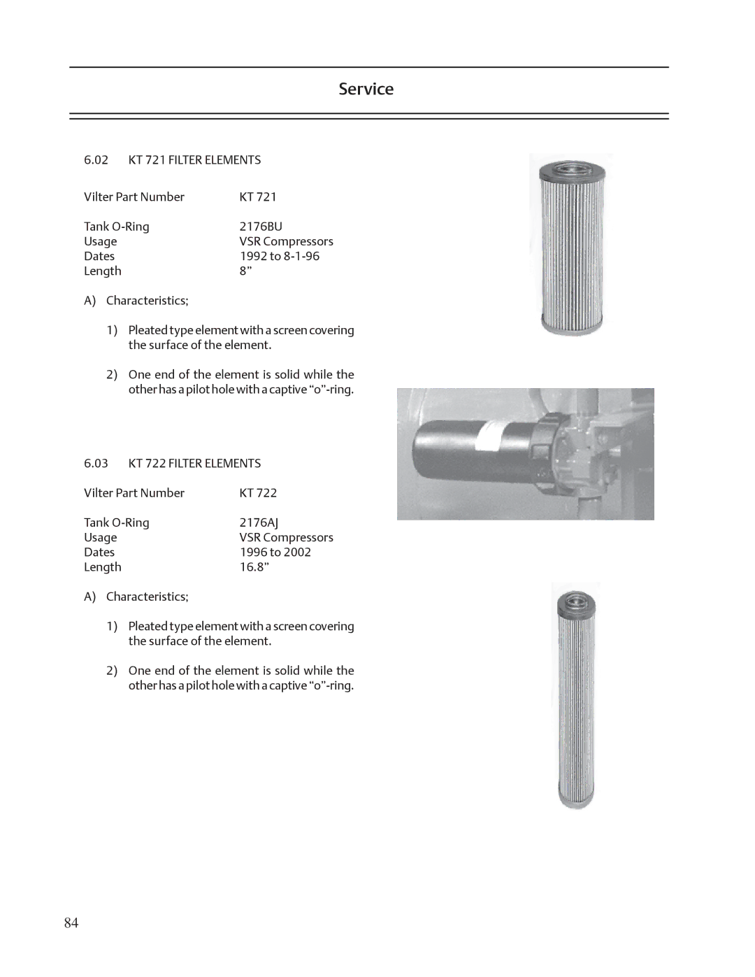 Emerson VSR, VSM, VSS service manual 02 KT 721 Filter Elements, 03 KT 722 Filter Elements 