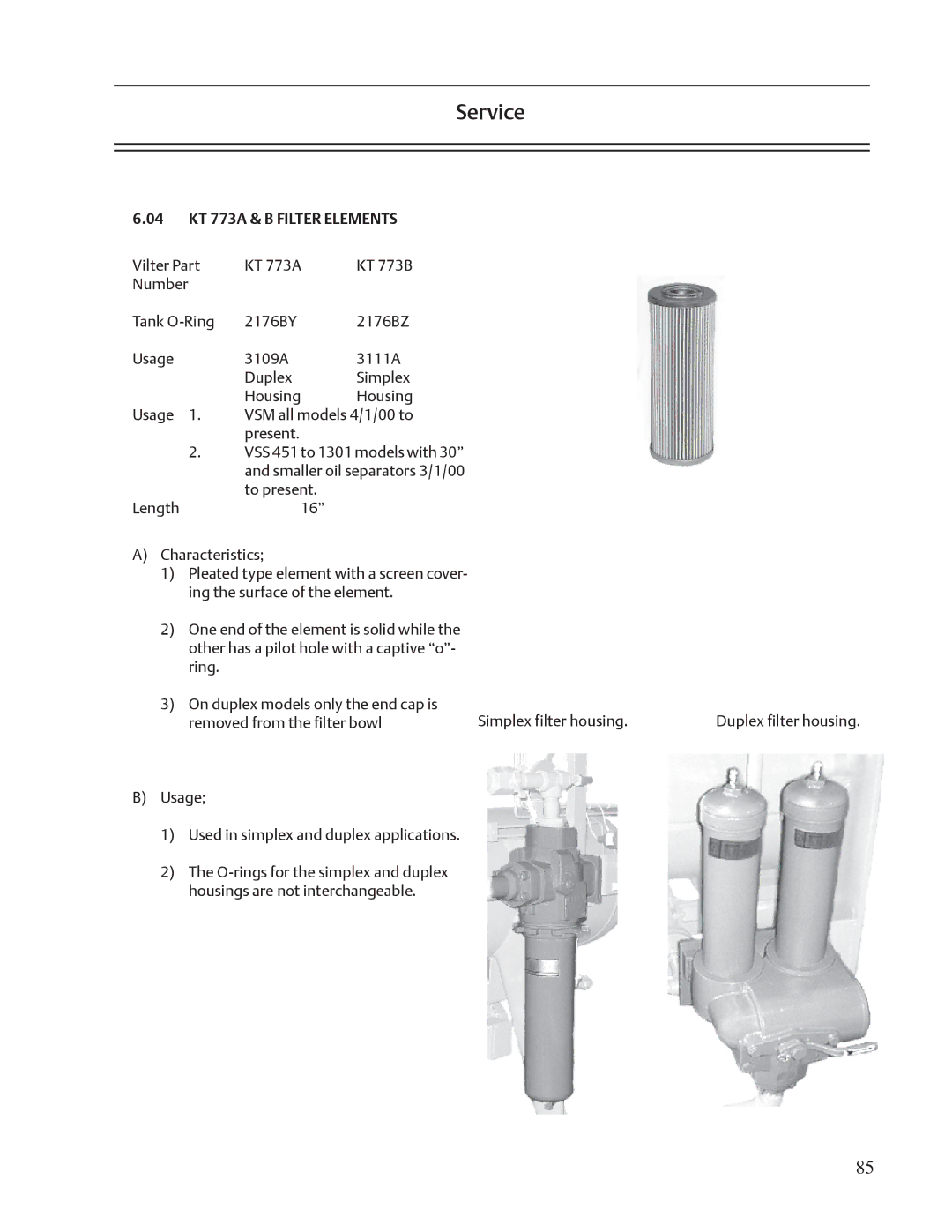 Emerson VSM, VSR, VSS service manual 04 KT 773A & B Filter Elements 