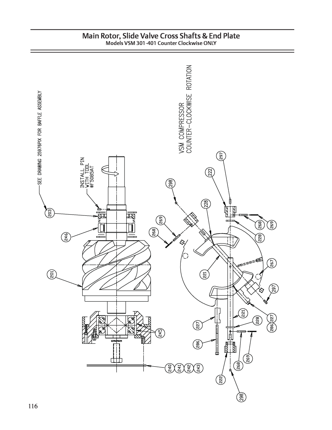 Emerson VSS, VSR service manual Main Rotor, Slide Valve Cross Shafts & End Plate, Models VSM 301-401 Counter Clockwise ONLY 