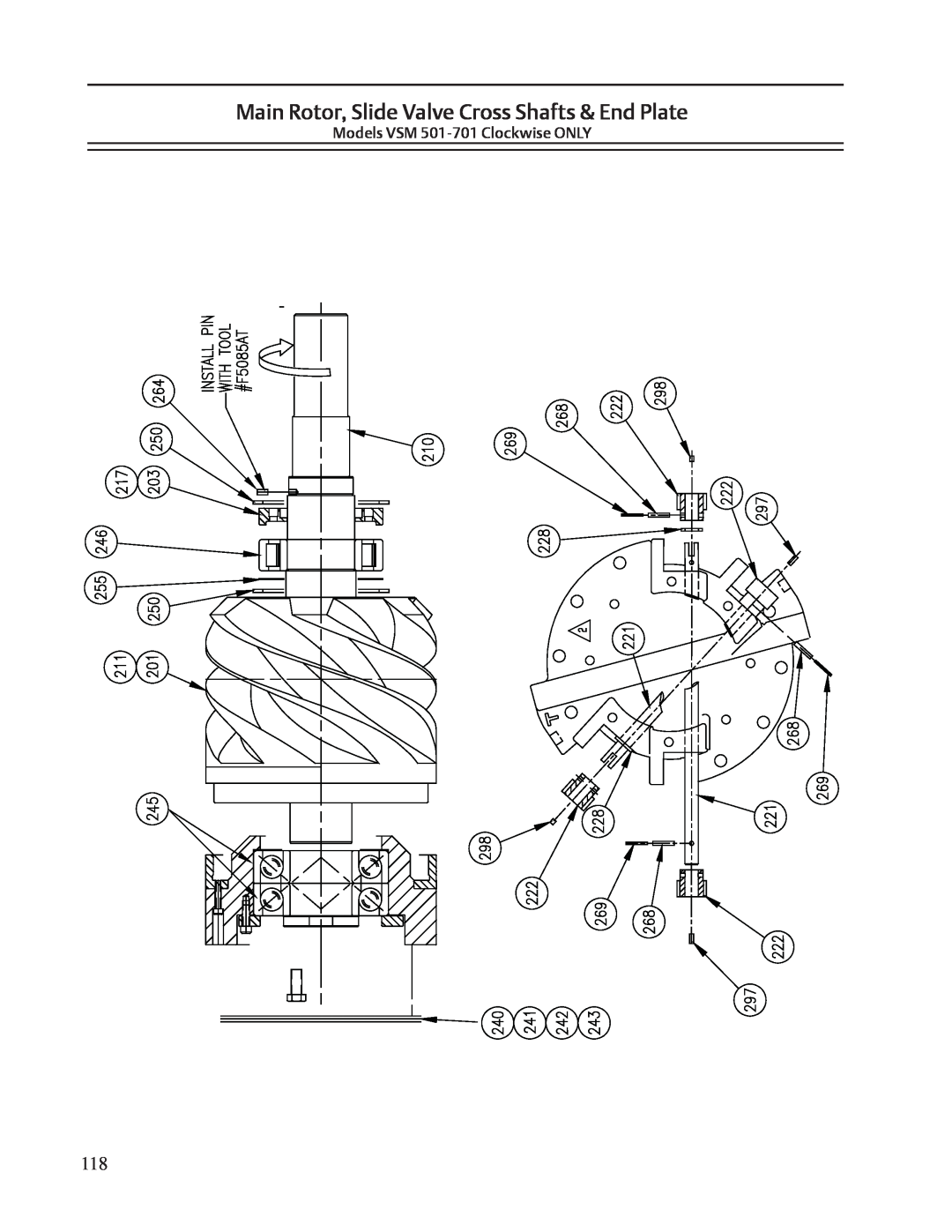 Emerson VSR, VSS service manual Main Rotor, Slide Valve Cross Shafts & End Plate, Models VSM 501-701 Clockwise ONLY 