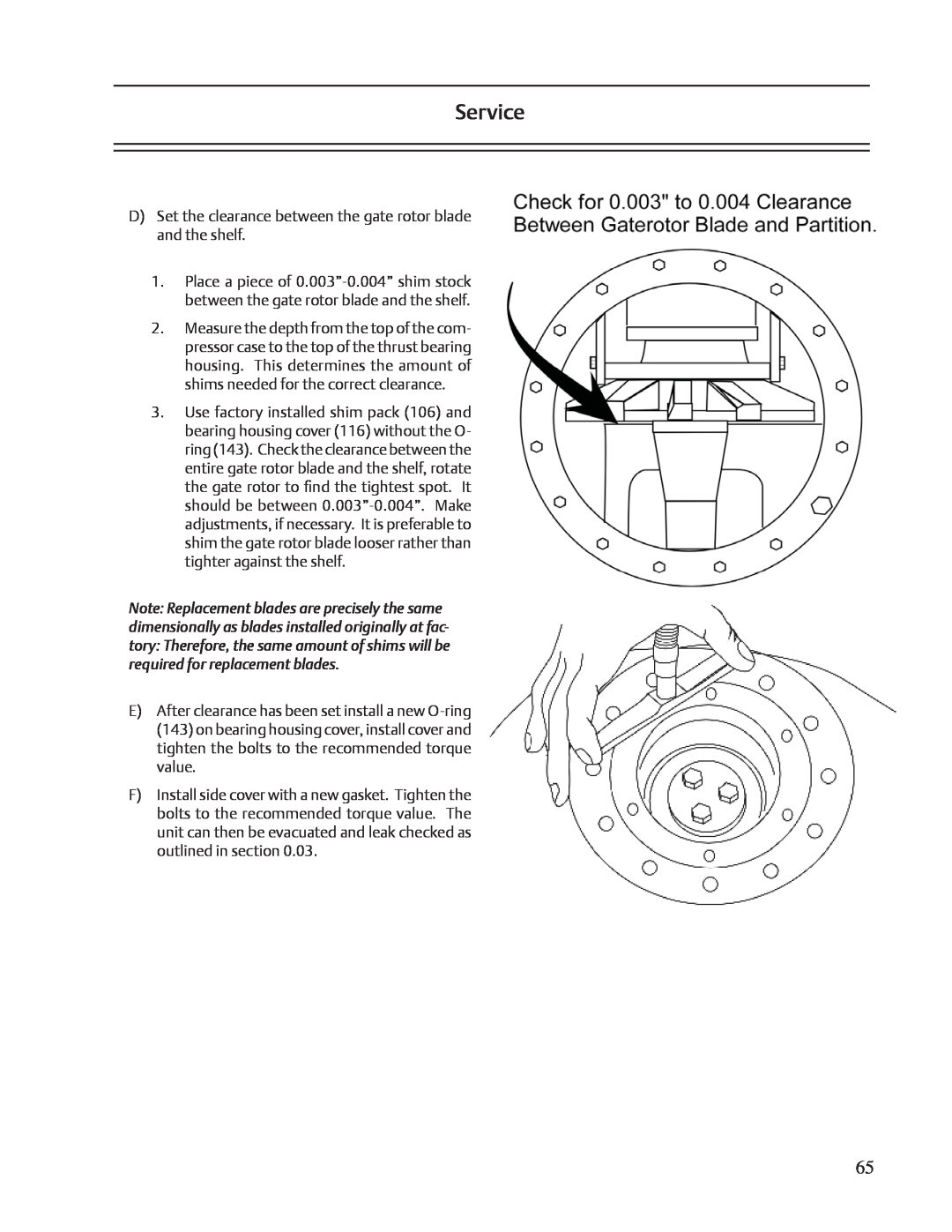 Emerson VSS, VSR, VSM service manual Service, D Set the clearance between the gate rotor blade and the shelf 