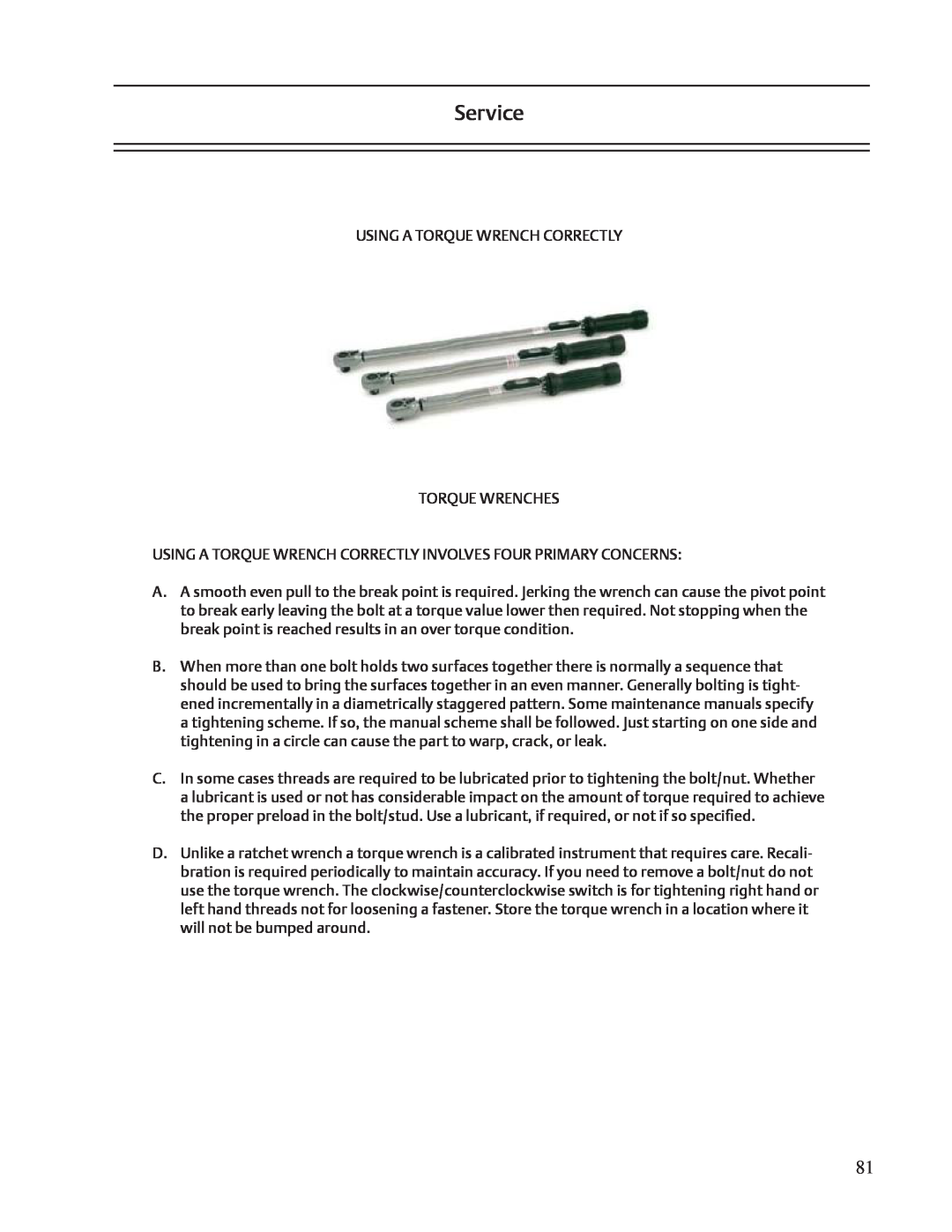 Emerson VSR, VSM, VSS service manual Service, Using A Torque Wrench Correctly Torque Wrenches 
