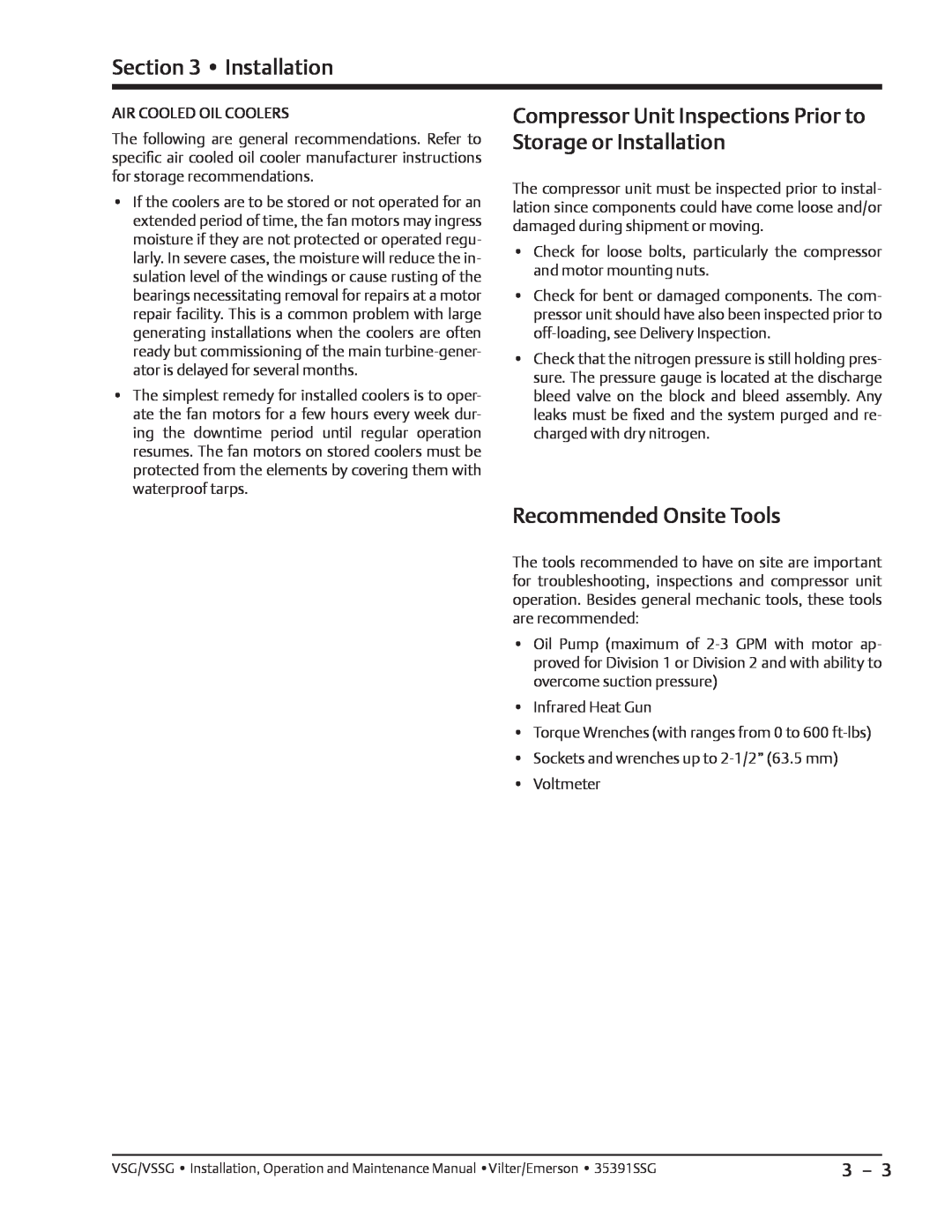 Emerson VSG Compressor Unit Inspections Prior to Storage or Installation, Recommended Onsite Tools, Air Cooled Oil Coolers 