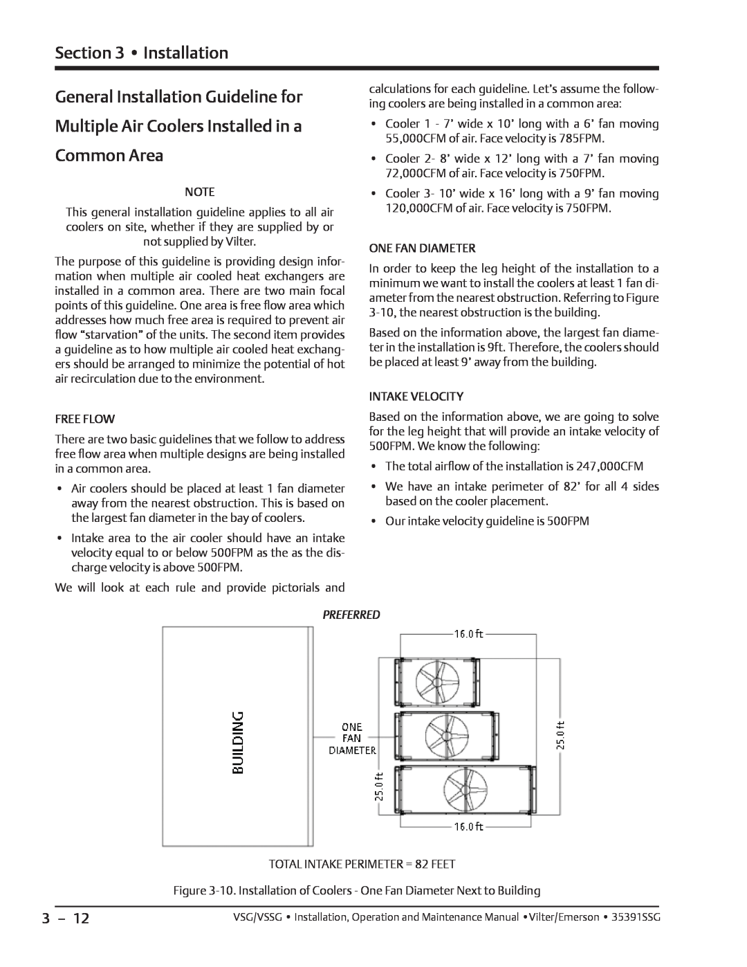 Emerson VSSG, VSG manual Installation, One Fan Diameter 