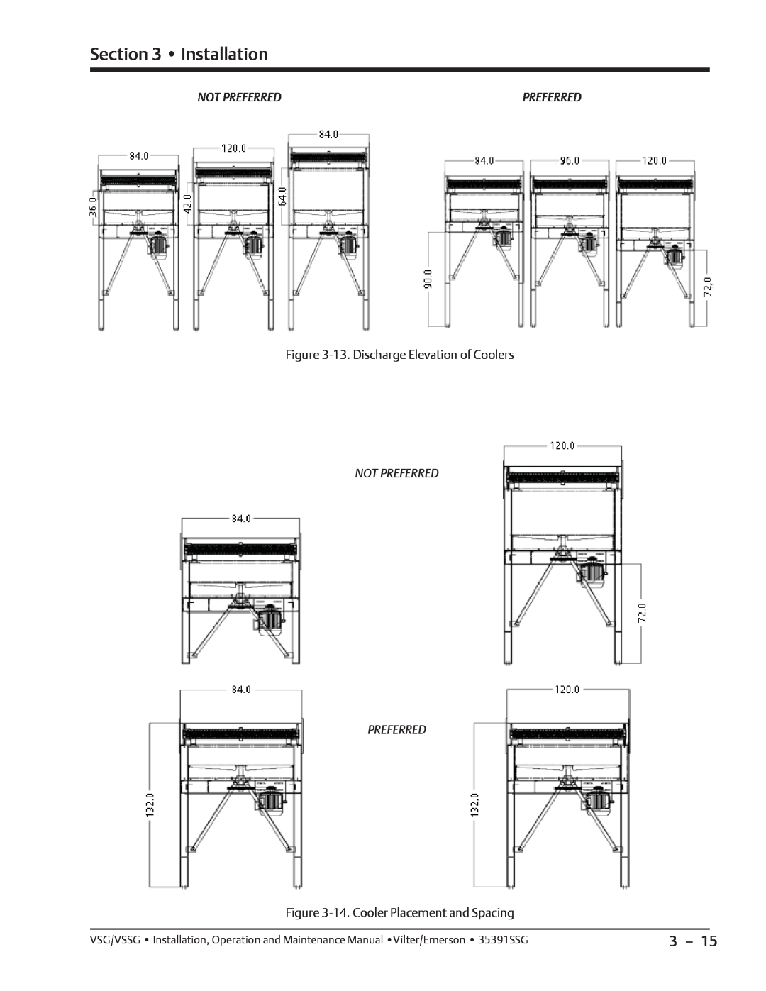 Emerson VSG, VSSG manual Installation, 13. Discharge Elevation of Coolers, 14. Cooler Placement and Spacing, Preferred 