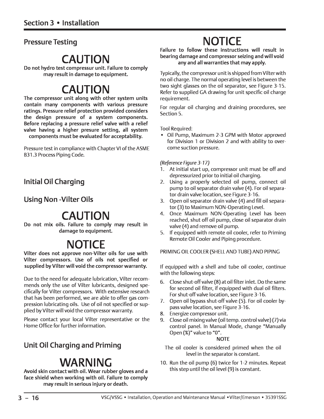 Emerson VSSG Pressure Testing, Initial Oil Charging Using Non -Vilter Oils, Unit Oil Charging and Priming, Installation 