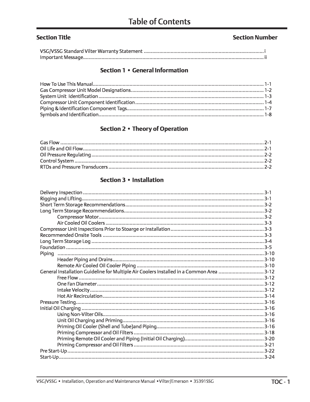 Emerson VSG, VSSG Table of Contents, Section Title, General Information, Theory of Operation, Installation, Section Number 