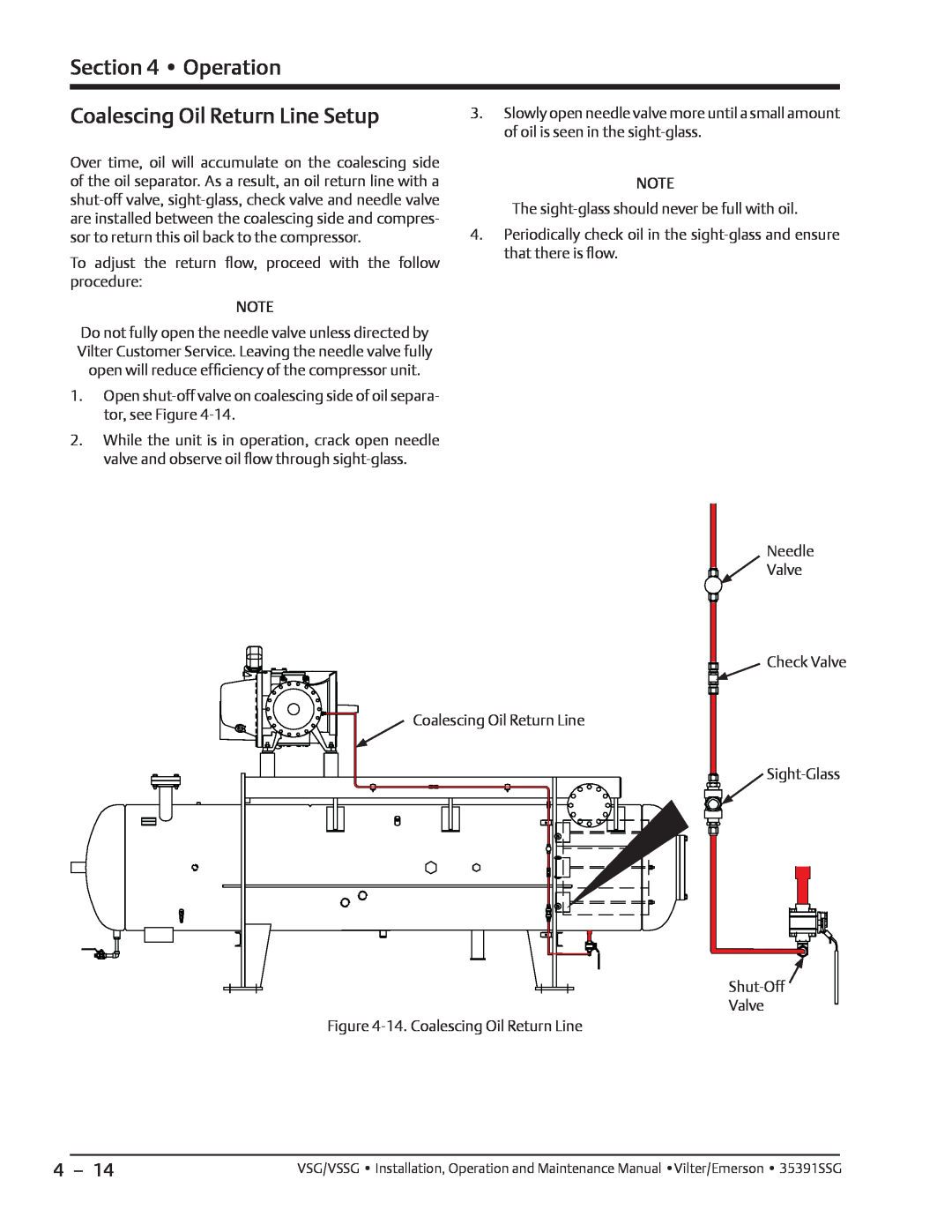 Emerson VSSG, VSG manual Coalescing Oil Return Line Setup, Operation 