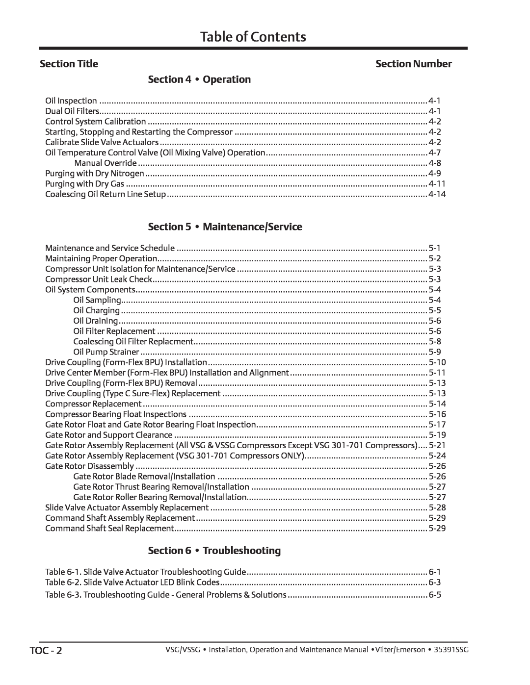Emerson VSSG, VSG manual Section Number, Operation, Maintenance/Service, Troubleshooting, Table of Contents, Section Title 