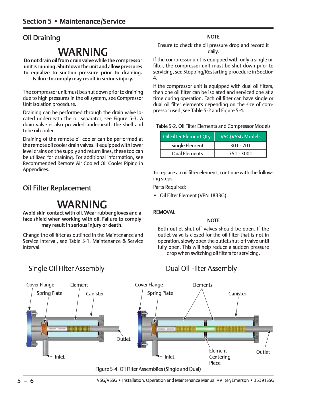 Emerson VSSG, VSG manual Oil Draining, Oil Filter Replacement, Single Oil Filter Assembly, Dual Oil Filter Assembly 