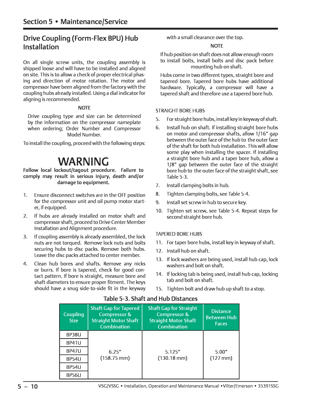Emerson VSSG, VSG Drive Coupling Form-Flex BPU Hub Installation, 3. Shaft and Hub Distances, Maintenance/Service, Size 