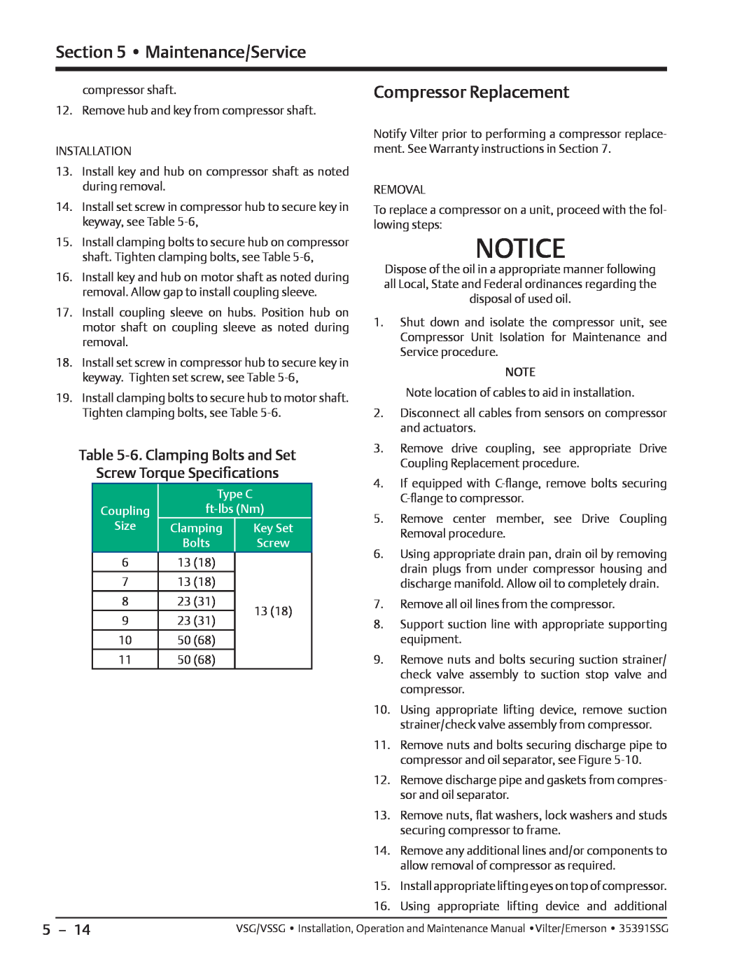 Emerson VSSG, VSG manual Compressor Replacement, 6. Clamping Bolts and Set Screw Torque Speciﬁcations, Maintenance/Service 