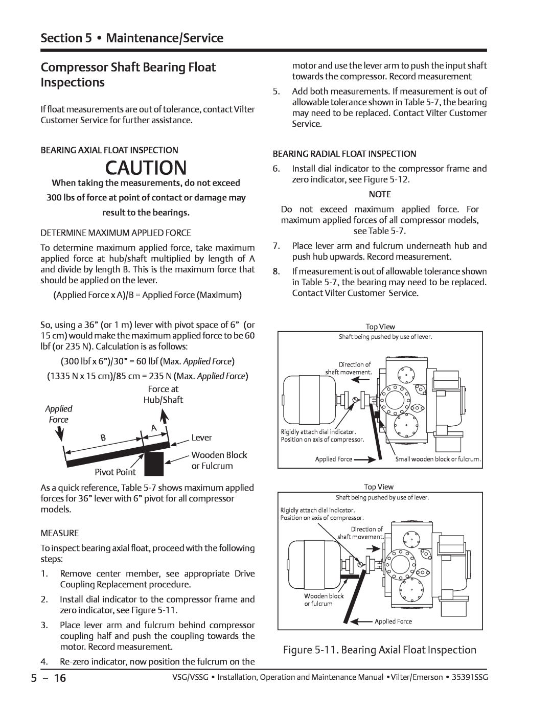Emerson VSSG, VSG manual Compressor Shaft Bearing Float Inspections, 11. Bearing Axial Float Inspection, Maintenance/Service 