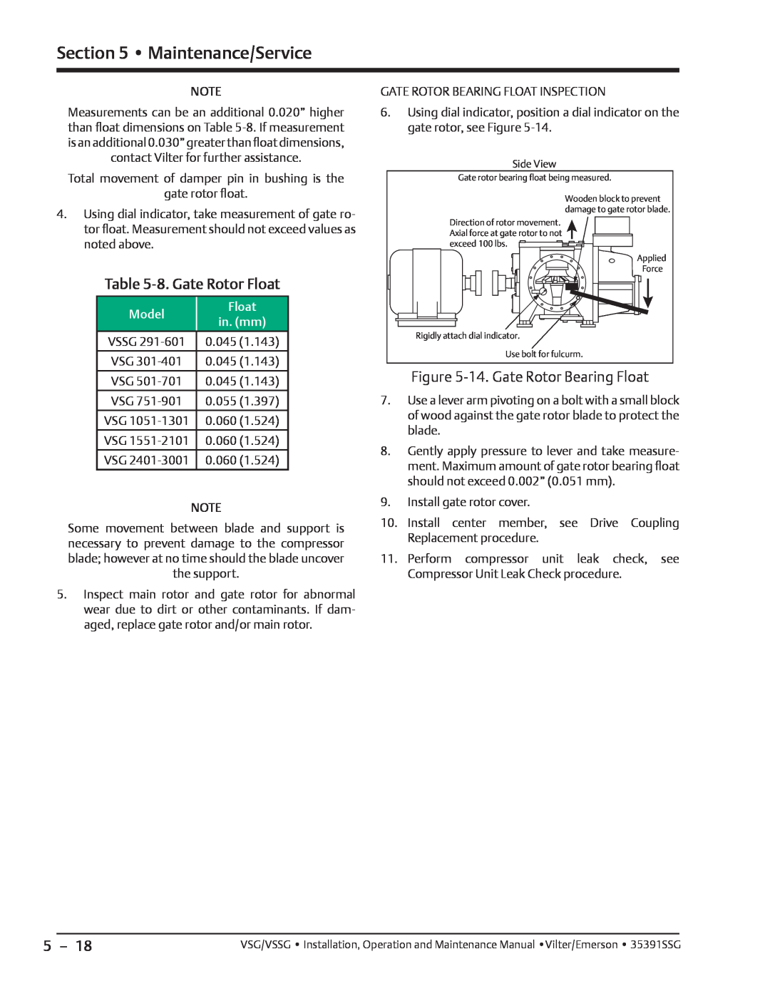 Emerson VSSG, VSG manual 8. Gate Rotor Float, 14. Gate Rotor Bearing Float, Maintenance/Service, Direction of rotor movement 