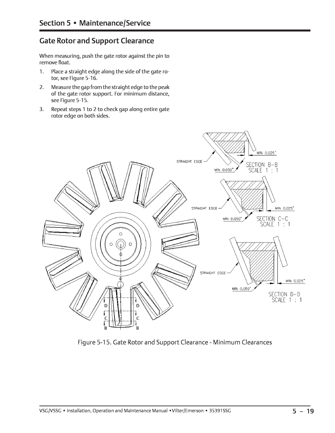 Emerson VSG, VSSG manual Maintenance/Service Gate Rotor and Support Clearance 