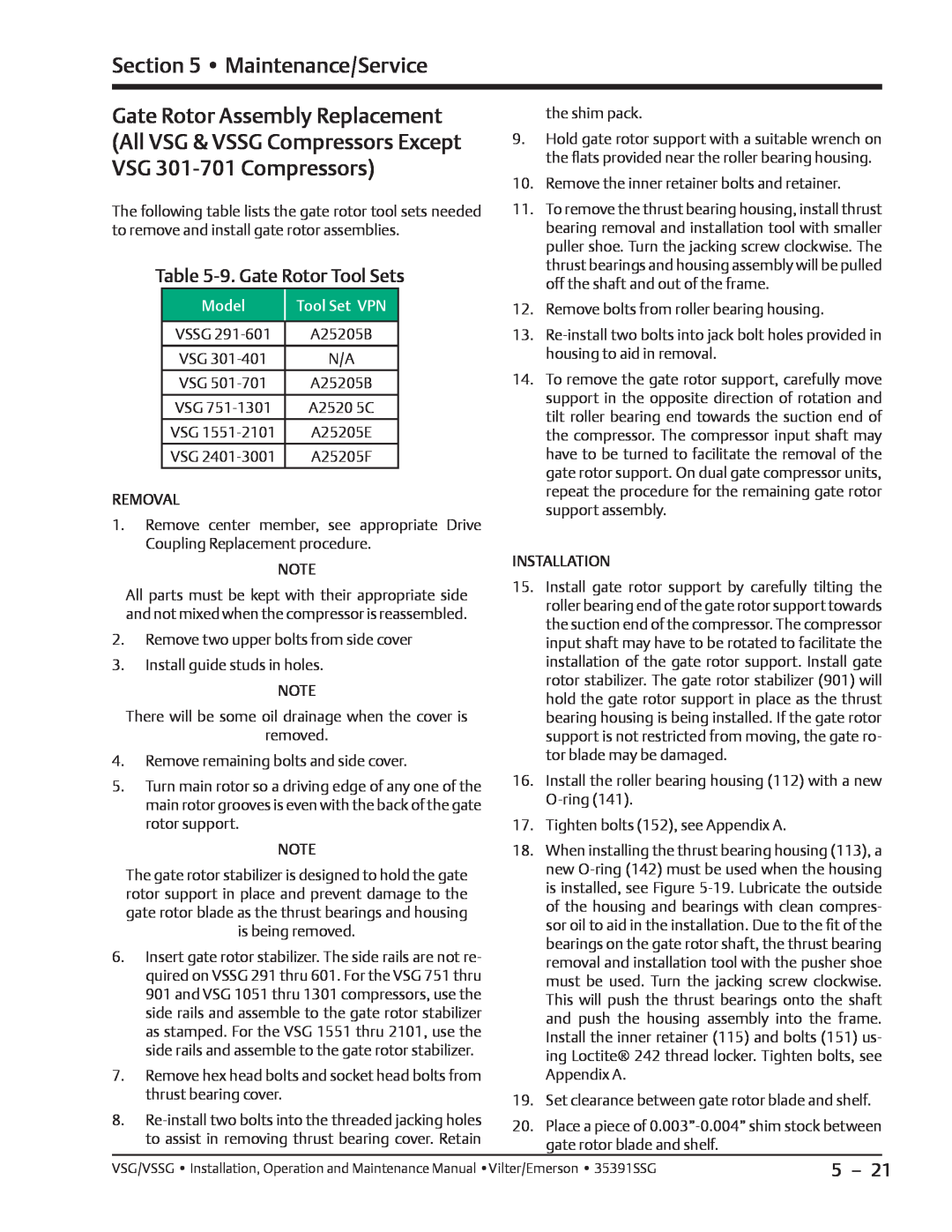 Emerson Gate Rotor Assembly Replacement All VSG & VSSG Compressors Except, VSG 301-701 Compressors, Maintenance/Service 