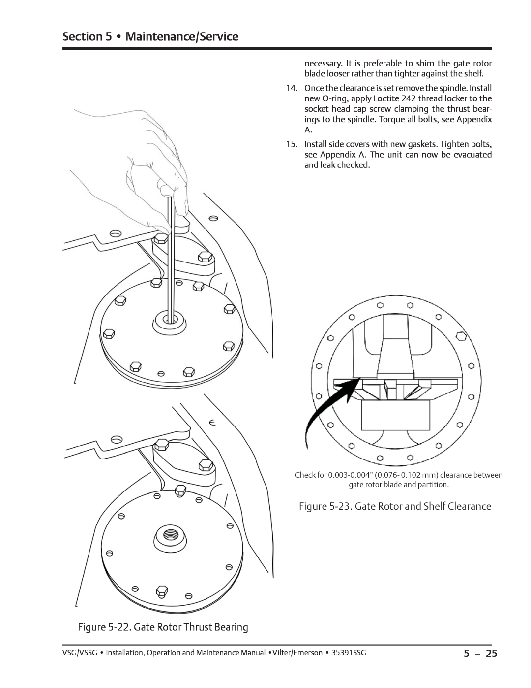 Emerson VSG, VSSG manual 23. Gate Rotor and Shelf Clearance, 22. Gate Rotor Thrust Bearing, Maintenance/Service 