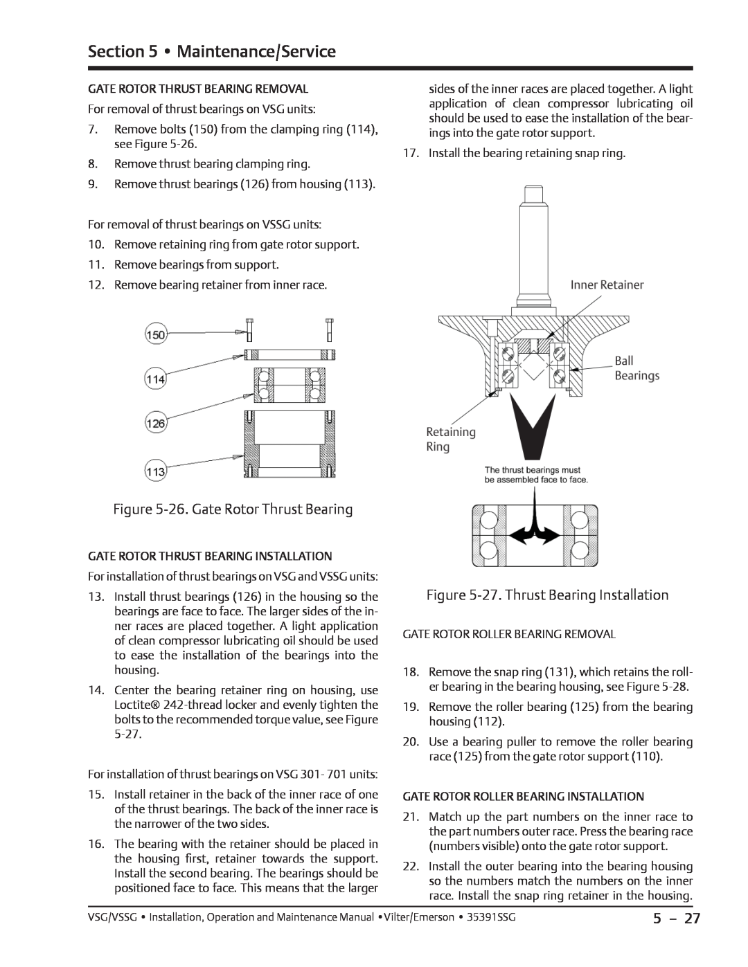 Emerson VSG, VSSG manual 26. Gate Rotor Thrust Bearing, 27. Thrust Bearing Installation, Maintenance/Service 