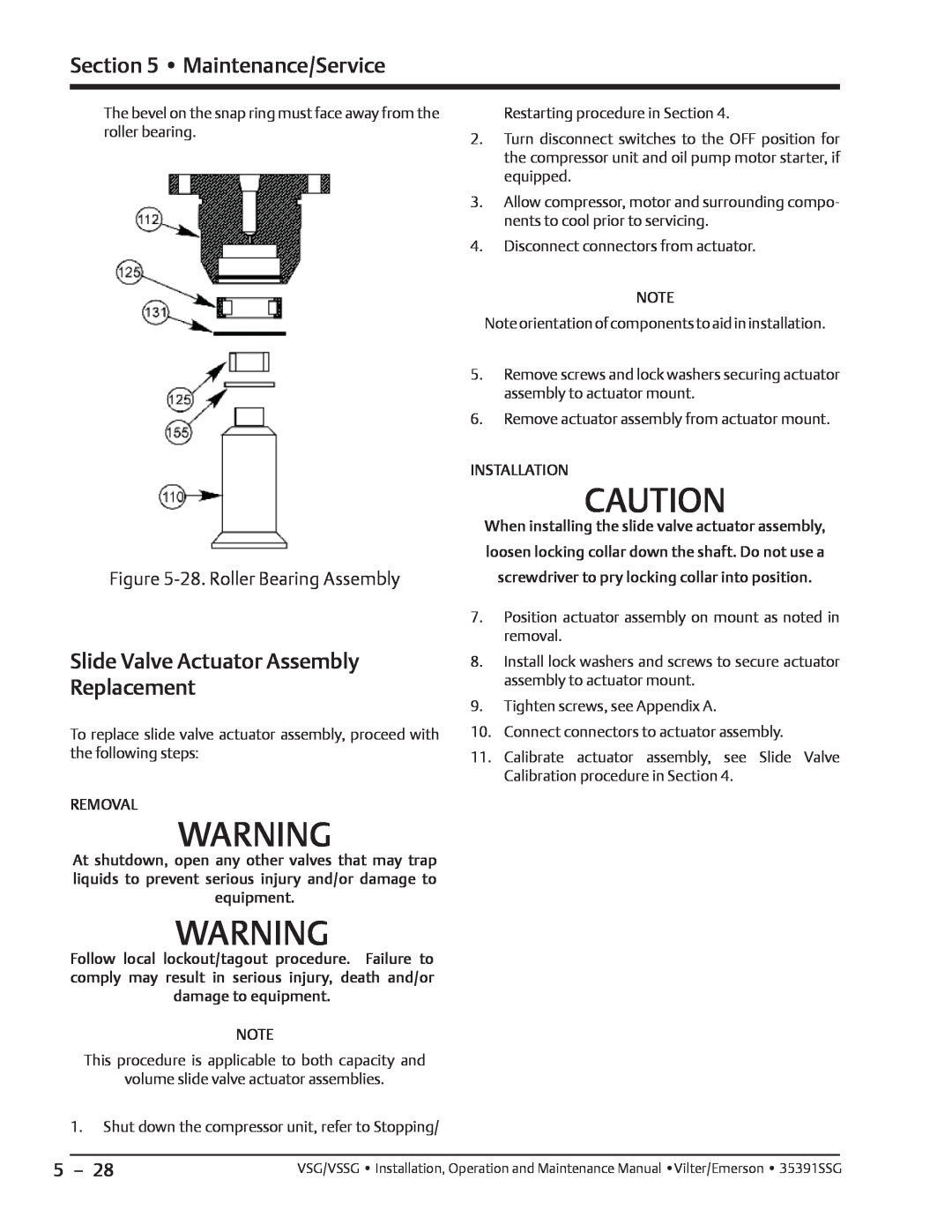 Emerson VSSG, VSG manual Slide Valve Actuator Assembly Replacement, 28. Roller Bearing Assembly, Maintenance/Service 