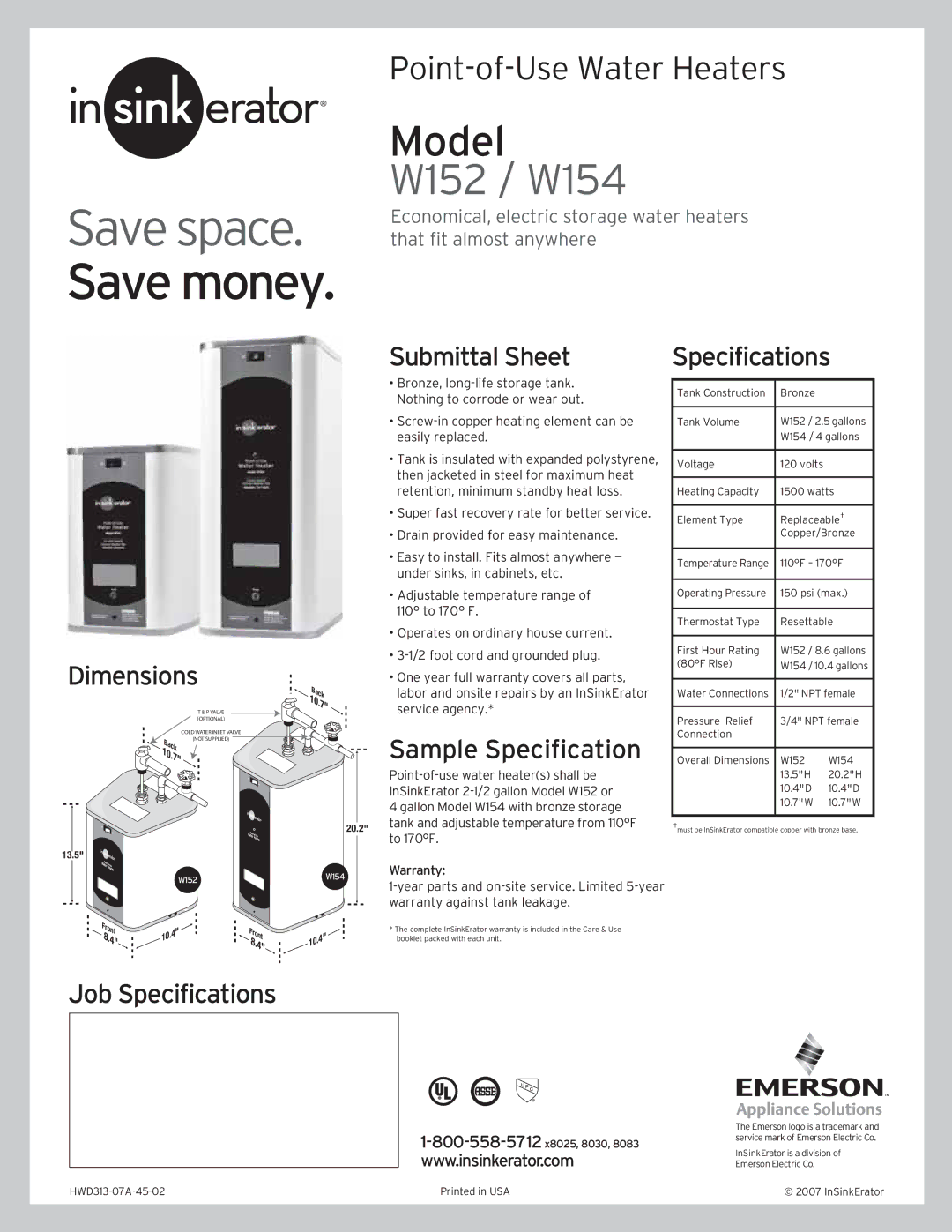 Emerson W152, W154 dimensions 13.5 