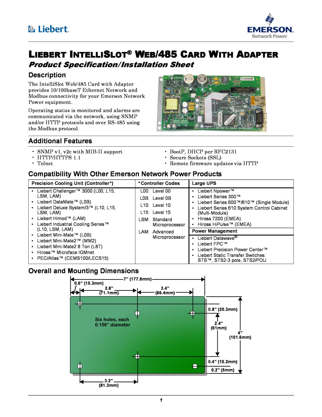 Emerson WEB/485 dimensions Description, Additional Features, Compatibility With Other Emerson Network Power Products 