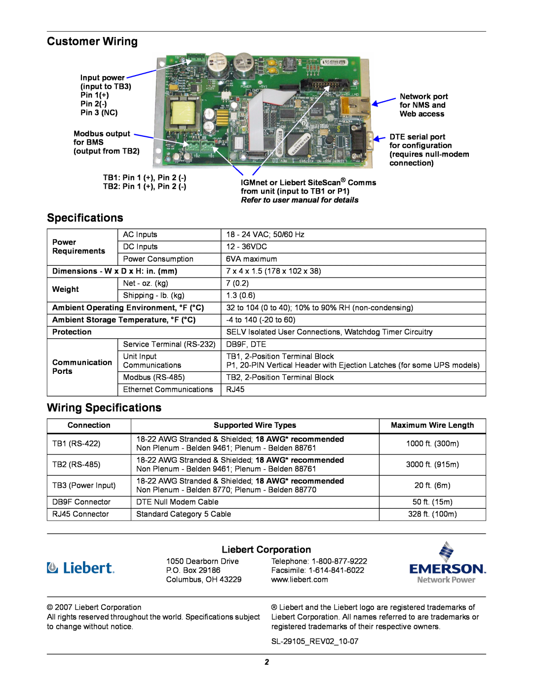 Emerson WEB/485 Customer Wiring, Wiring Specifications, Liebert Corporation, Refer to user manual for details 
