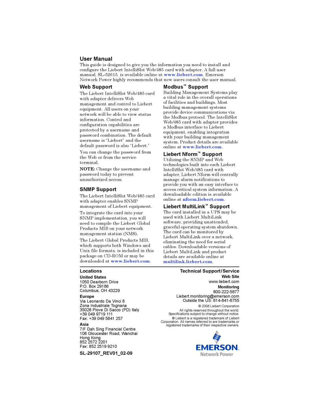 Emerson WEB/485 Web Support, SNMP Support, Modbus Support, Liebert Nform Support, Liebert MultiLink Support, Locations 