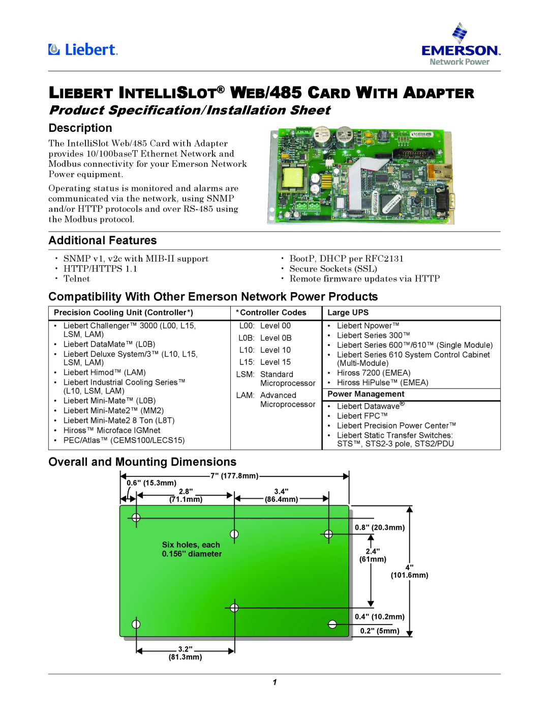 Emerson WEB/485 dimensions Description, Additional Features, Compatibility With Other Emerson Network Power Products 