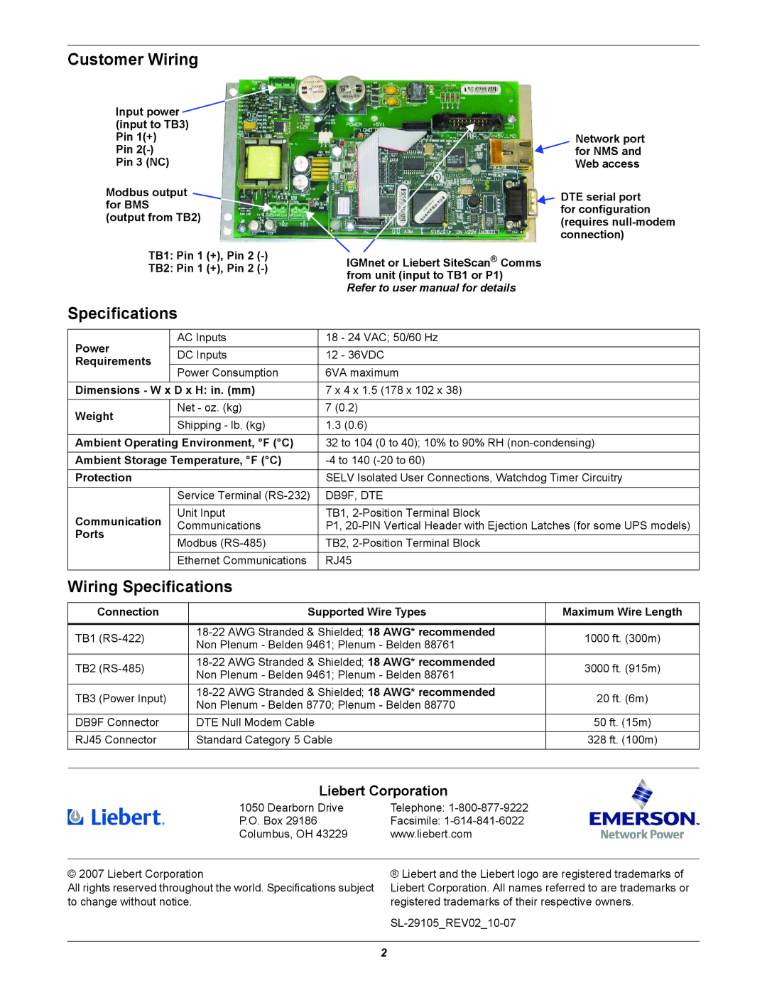 Emerson WEB/485 dimensions Customer Wiring, Wiring Specifications 