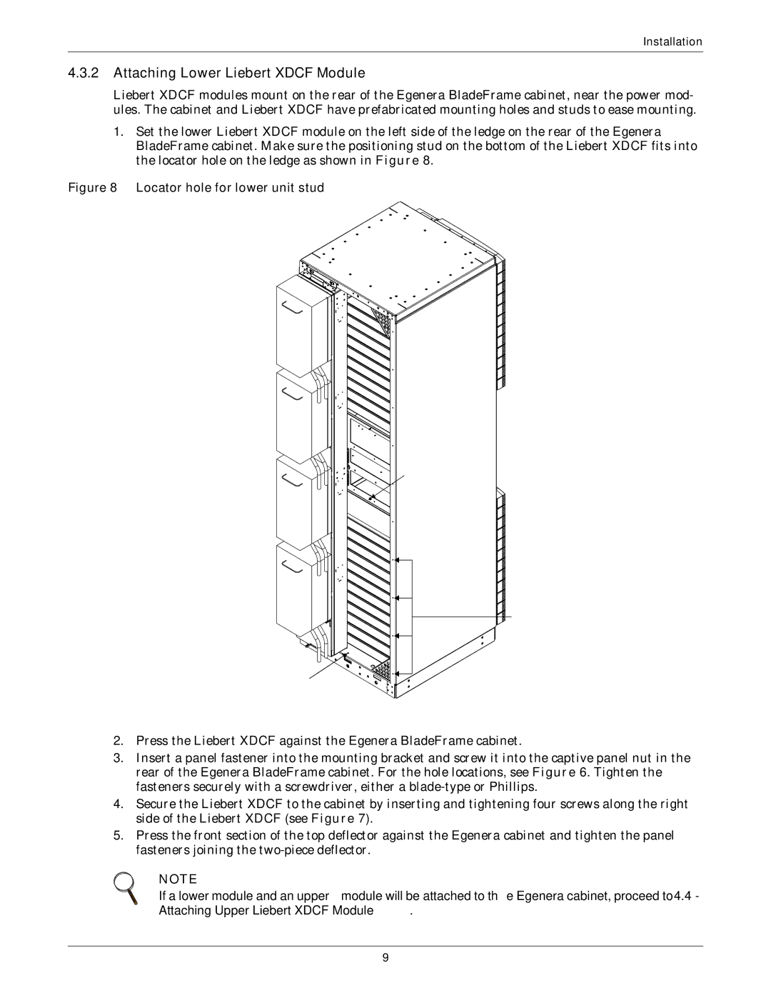 Emerson XDCF user manual Attaching Lower Liebert Xdcf Module, Locator hole for lower unit stud 