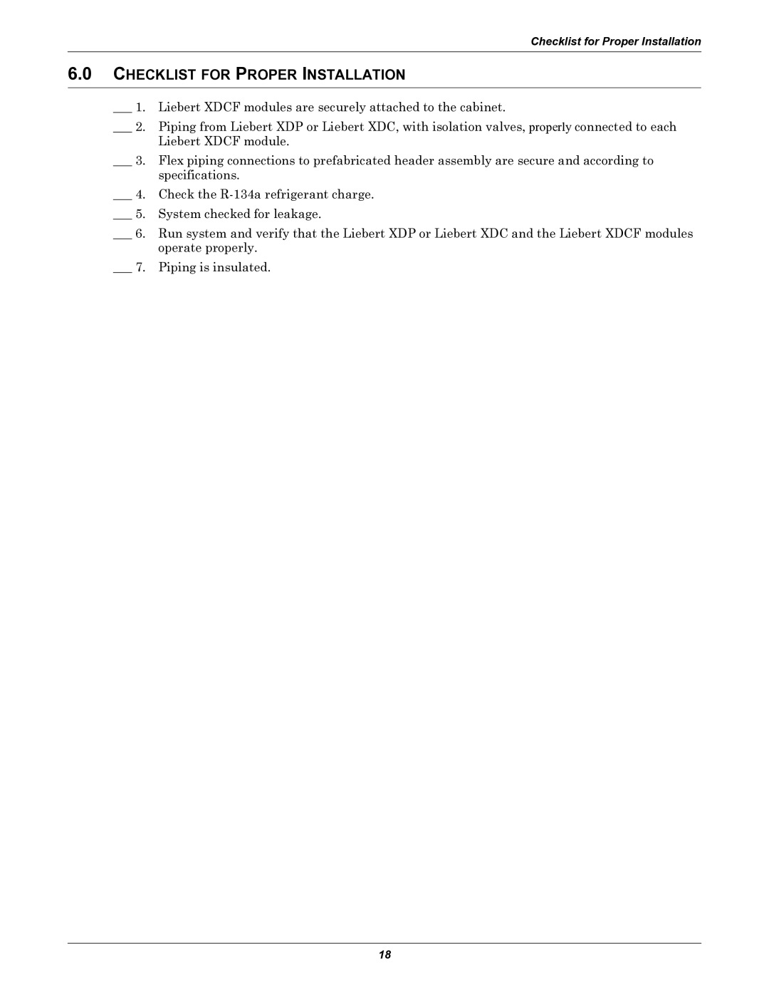 Emerson XDCF user manual Checklist for Proper Installation 