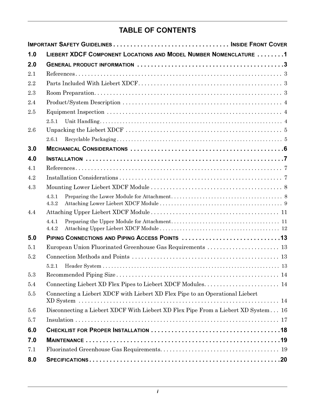 Emerson XDCF user manual Table of Contents 