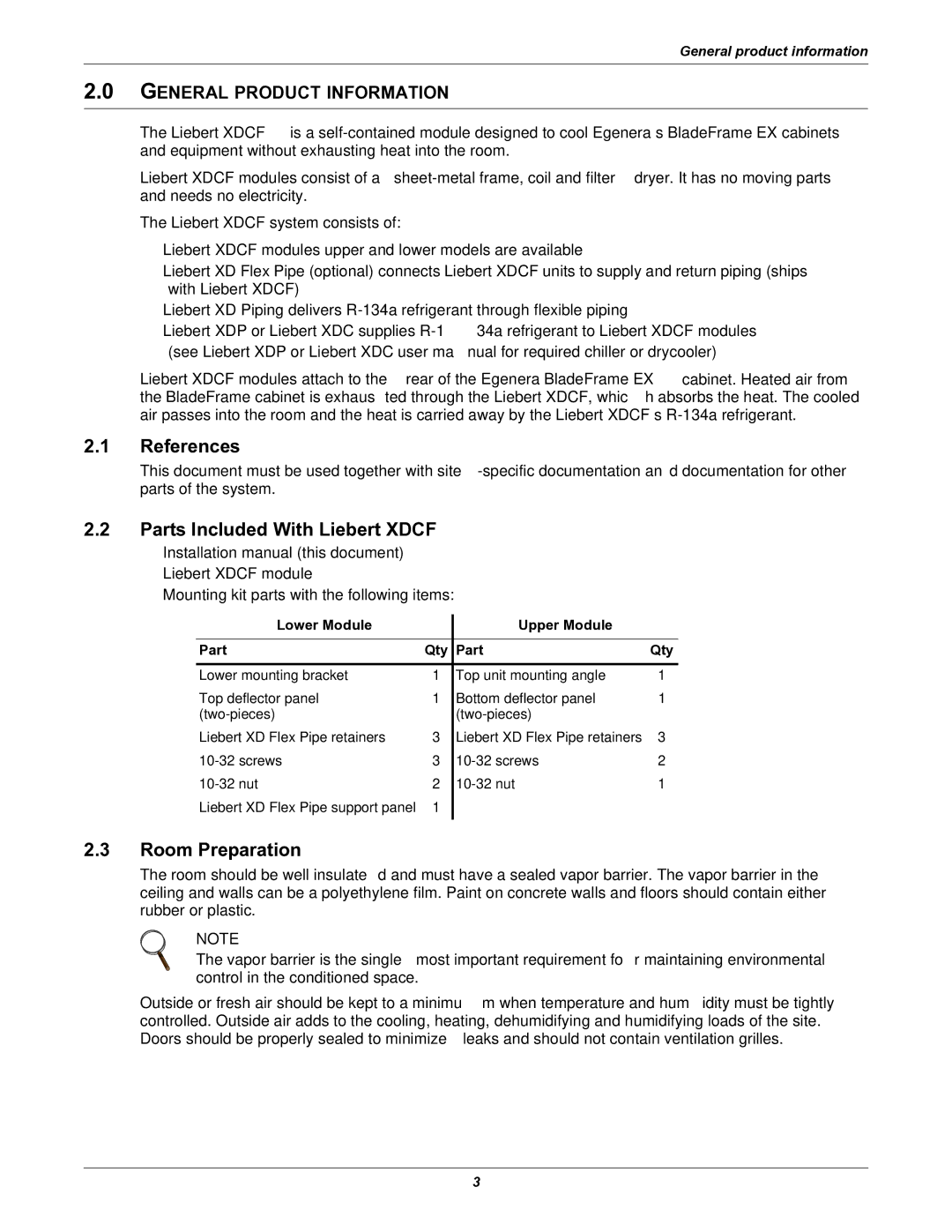 Emerson XDCF user manual References, Parts Included With Liebert Xdcf, Room Preparation, General Product Information 