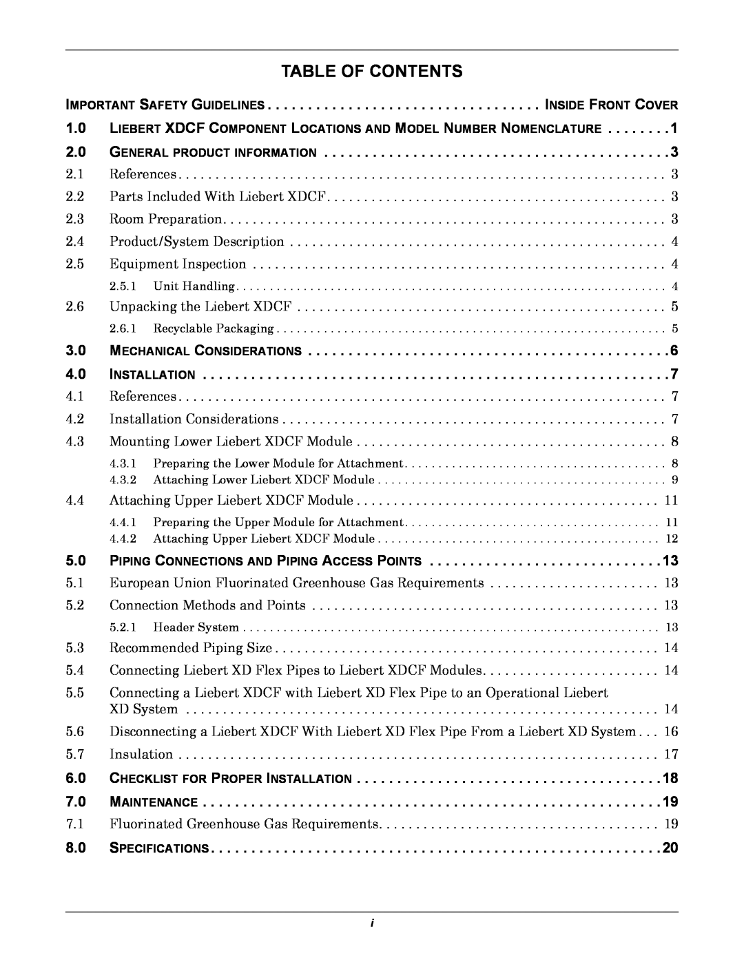 Emerson XDCF Table Of Contents, General Product Information, Piping Connections And Piping Access Points, Specifications 