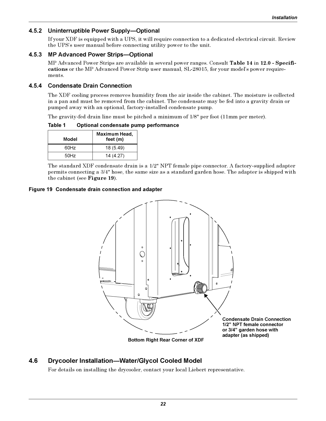 Emerson XDF Drycooler Installation-Water/Glycol Cooled Model, Optional condensate pump performance, Maximum Head 