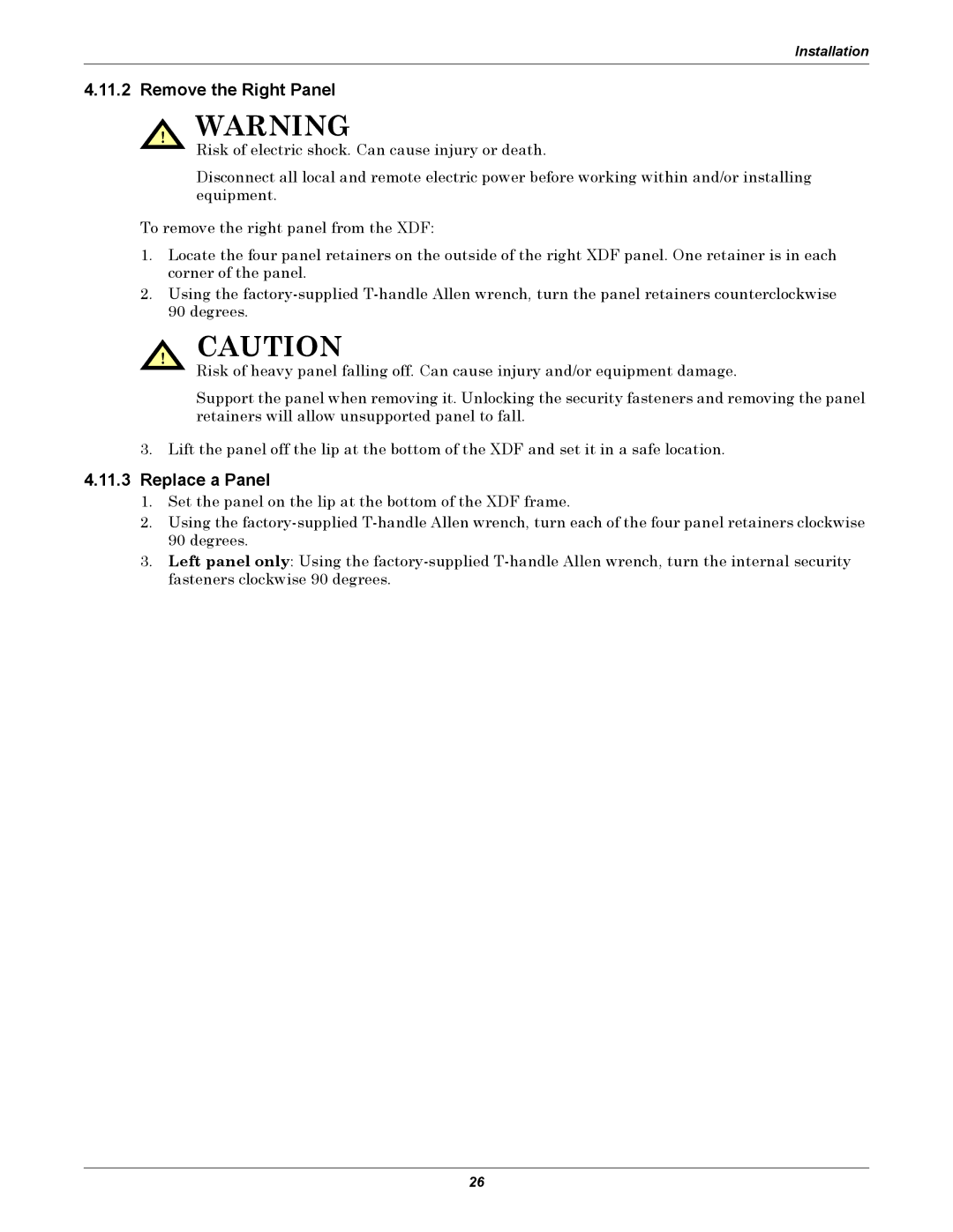 Emerson XDF user manual Remove the Right Panel, Replace a Panel 