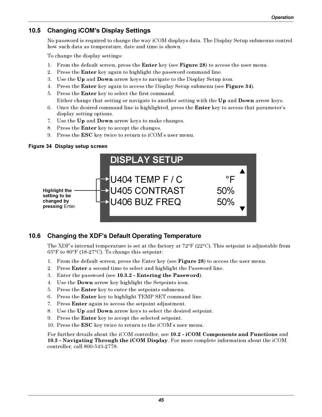 Emerson user manual Changing iCOM’s Display Settings, Changing the XDF’s Default Operating Temperature 