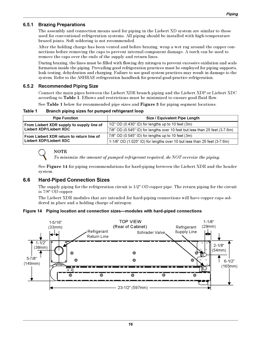 Emerson XDR user manual Hard-Piped Connection Sizes, Brazing Preparations, Recommended Piping Size 