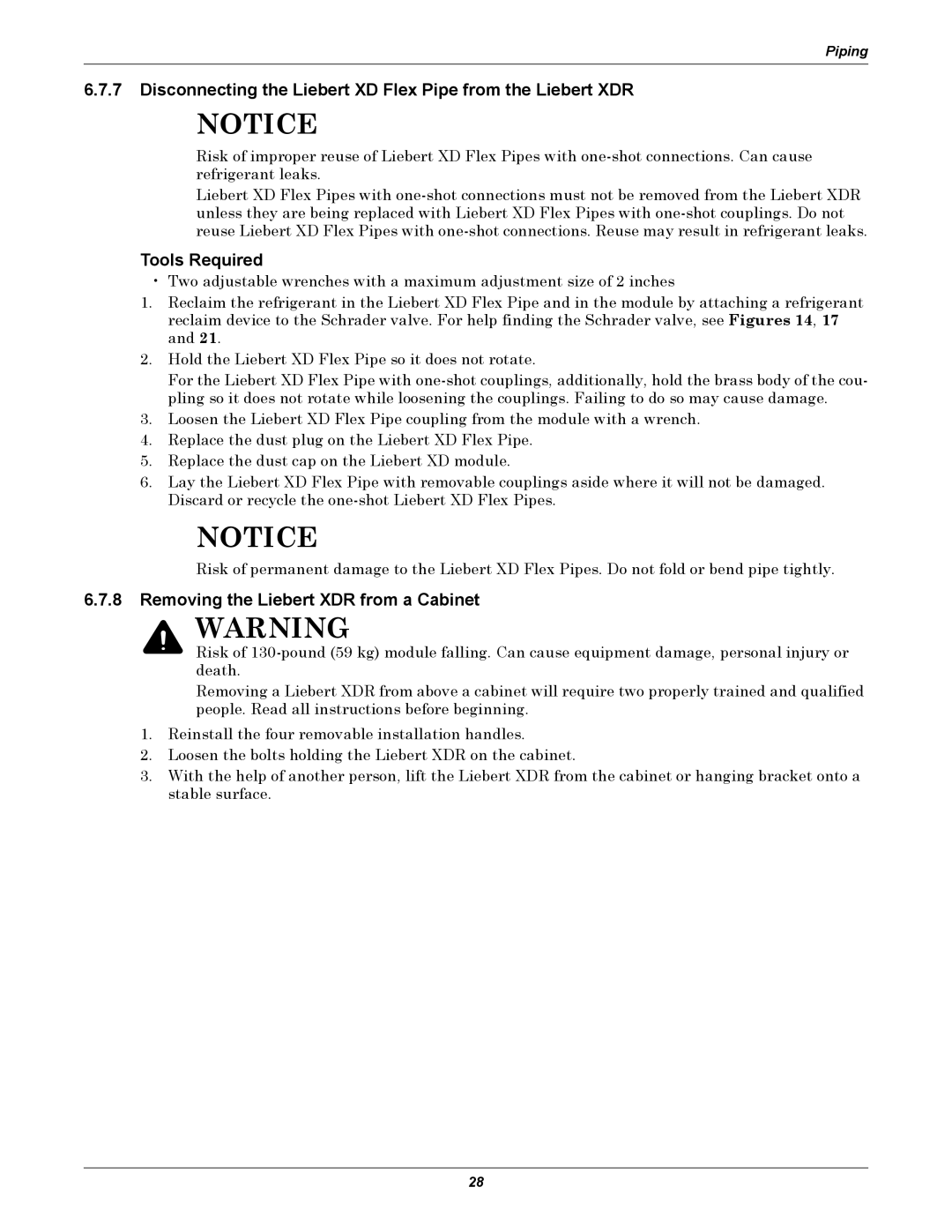 Emerson user manual Disconnecting the Liebert XD Flex Pipe from the Liebert XDR, Removing the Liebert XDR from a Cabinet 